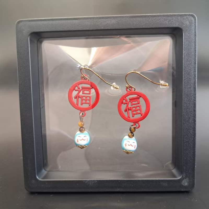 虎眼石招財貓垂墜耳環