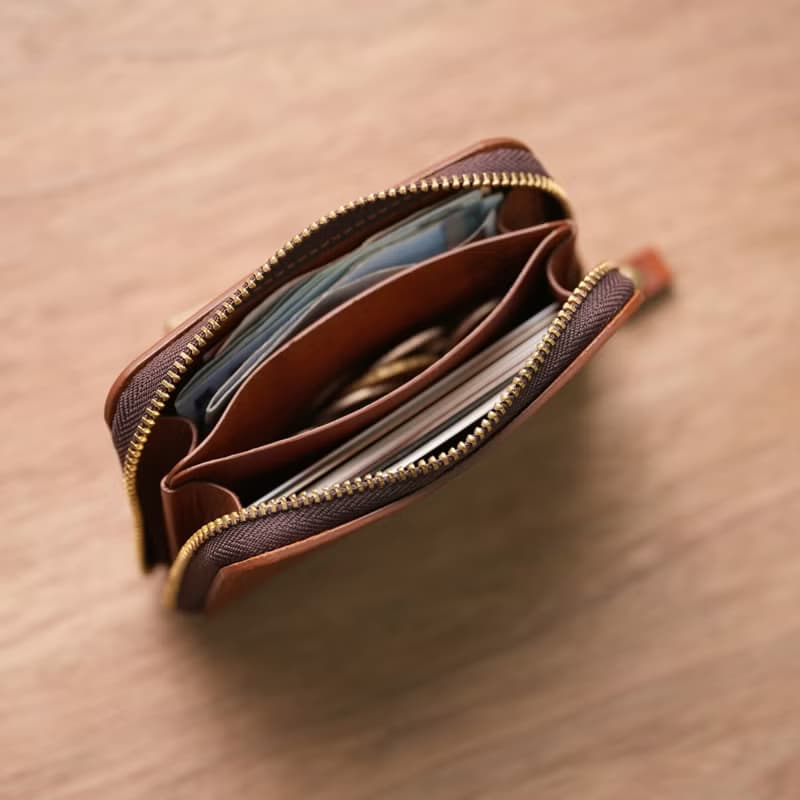 【NS手工皮件】 義大利進口牛皮 皮夾, ㄇ型拉鍊短夾 (免費打印)