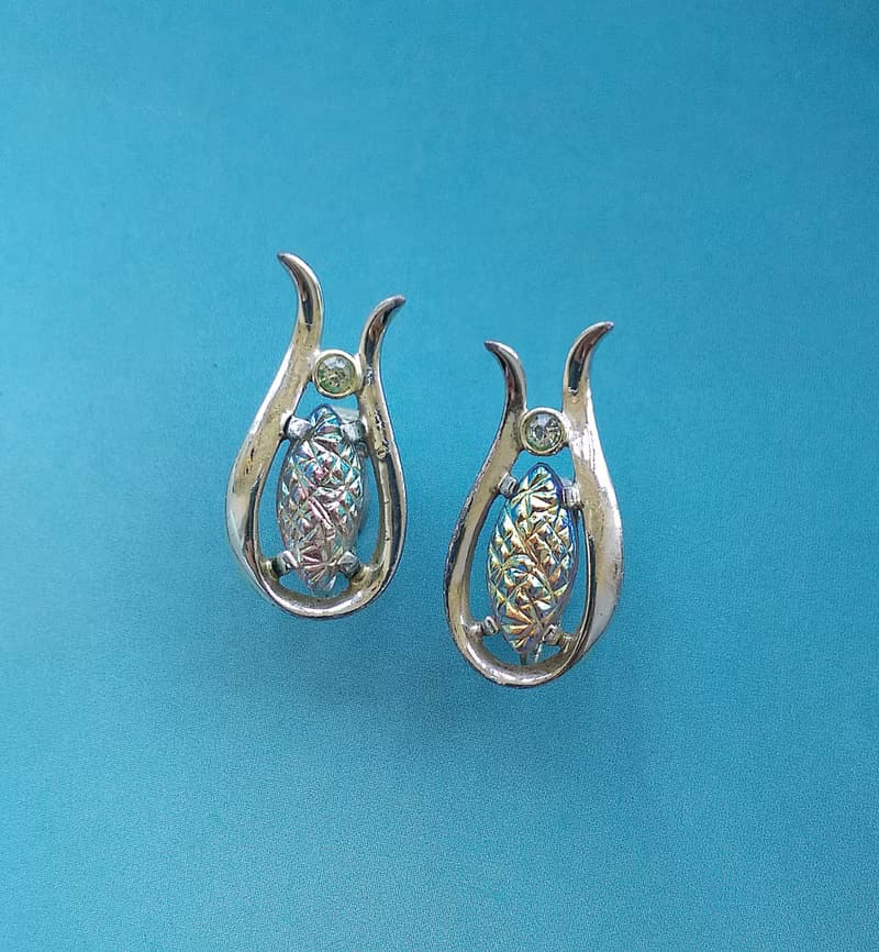 Vintage Jewelry 西洋古董飾品 EMMONS 銀色調 七彩馬眼 夾式耳環