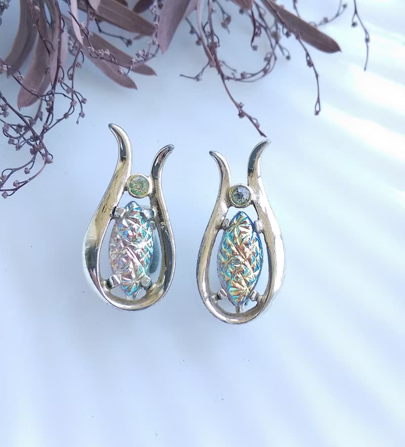 Vintage Jewelry 西洋古董飾品 EMMONS 銀色調 七彩馬眼 夾式耳環