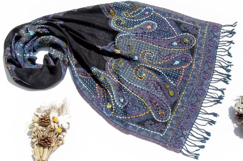 喀什米爾Cashmere/水煮羊毛披肩/針織圍巾/刺繡圍巾/羊絨披巾-花