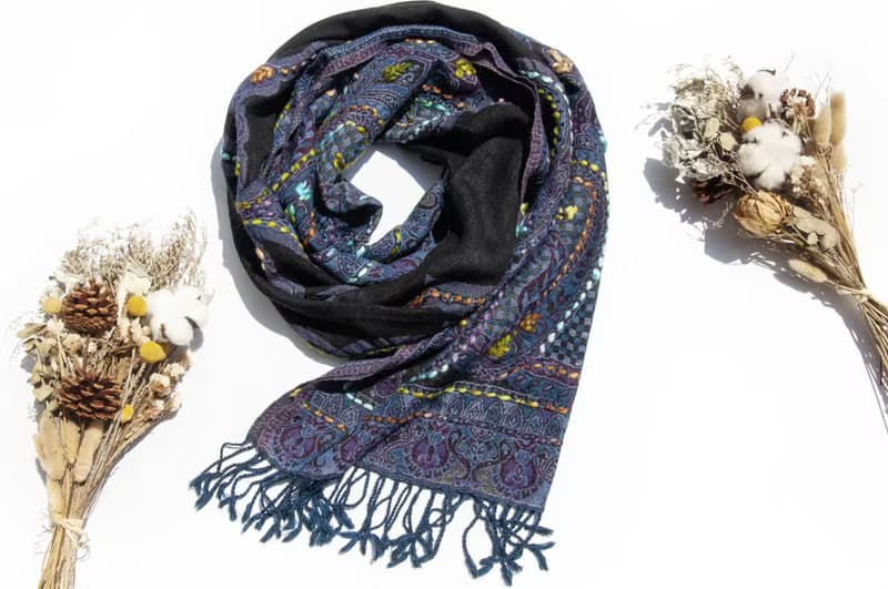 喀什米爾Cashmere/水煮羊毛披肩/針織圍巾/刺繡圍巾/羊絨披巾-花