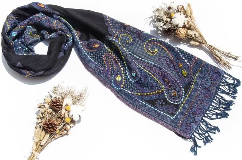 喀什米爾Cashmere/水煮羊毛披肩/針織圍巾/刺繡圍巾/羊絨披巾-花