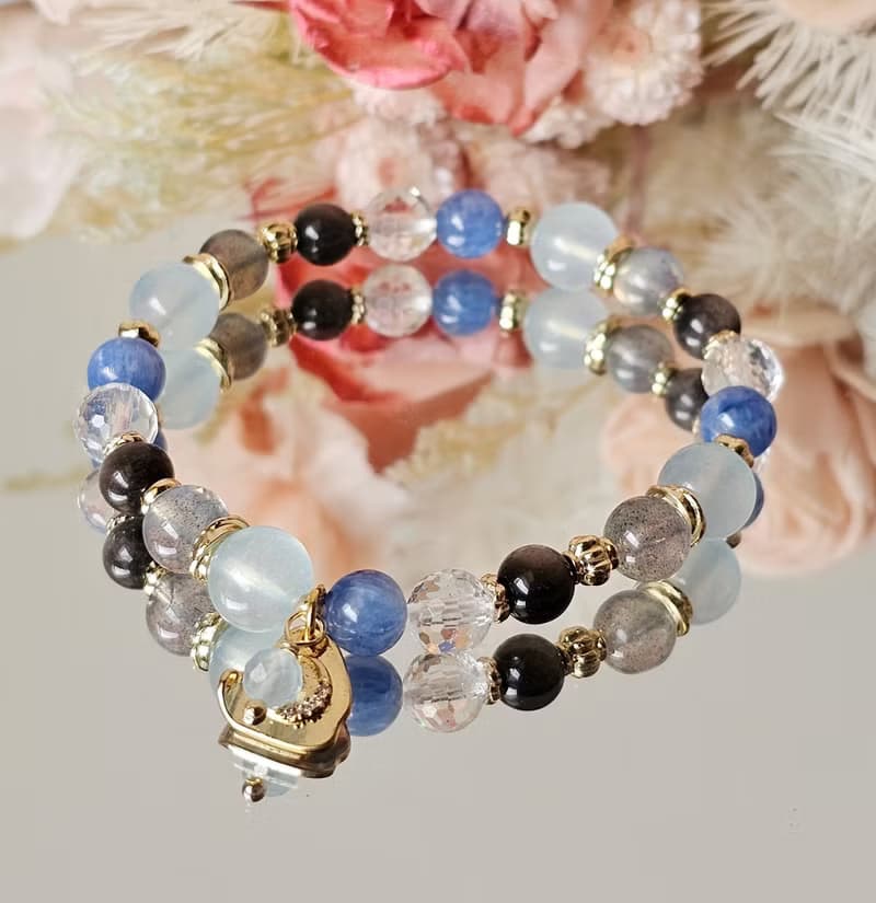 瀾影之環-五行屬水手鍊/海藍寶/藍晶石/白水晶/強光拉長石/銀曜石