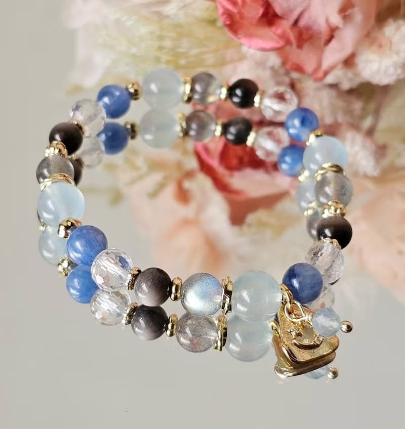 瀾影之環-五行屬水手鍊/海藍寶/藍晶石/白水晶/強光拉長石/銀曜石