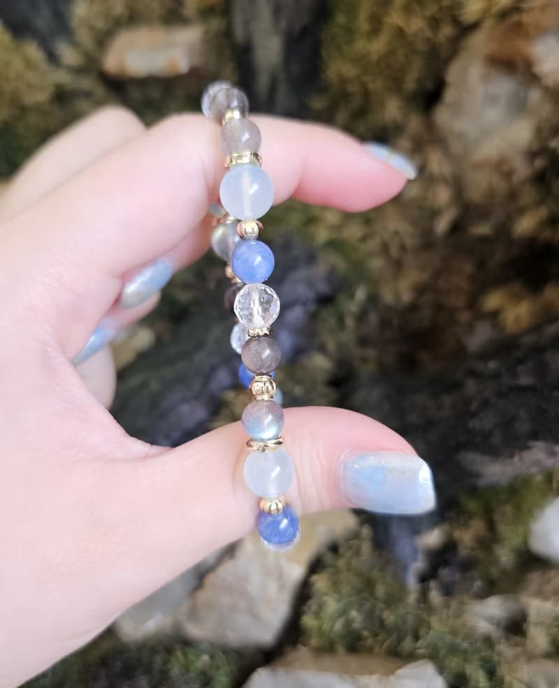 瀾影之環-五行屬水手鍊/海藍寶/藍晶石/白水晶/強光拉長石/銀曜石