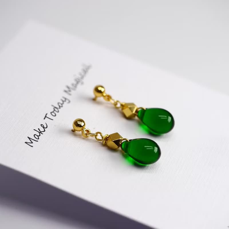 Candy Jewelry 復古墨綠琉璃耳環 耳針(可改無痛耳夾)