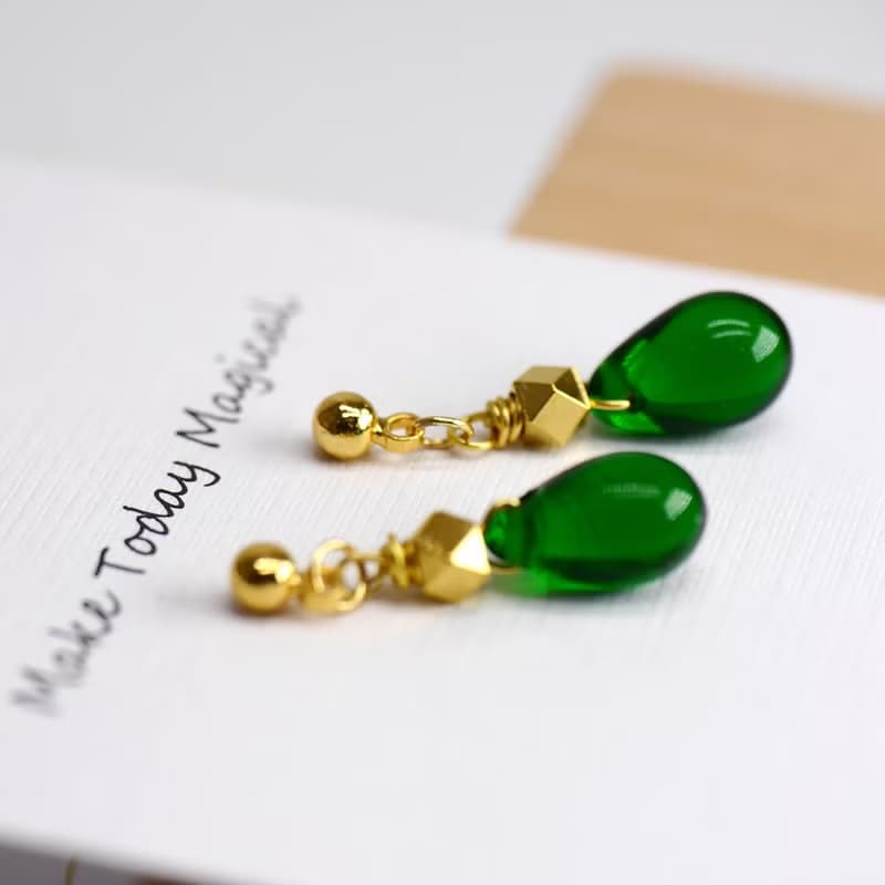 Candy Jewelry 復古墨綠琉璃耳環 耳針(可改無痛耳夾)
