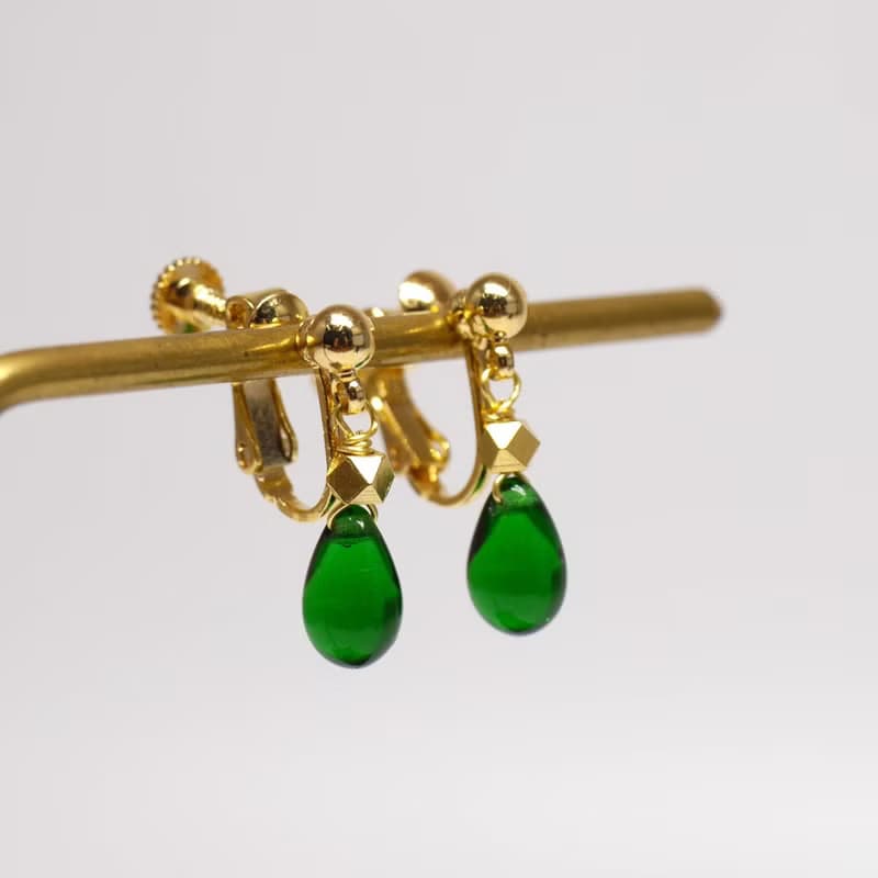 Candy Jewelry 復古墨綠琉璃耳環 耳針(可改無痛耳夾)