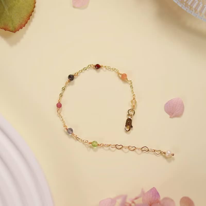 Fireworks。黑髮晶 堇青石 粉碧璽 14K包金 水晶礦石設計手鍊