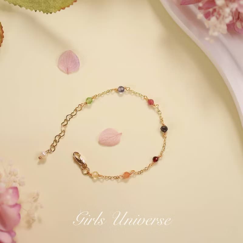 Fireworks。黑髮晶 堇青石 粉碧璽 14K包金 水晶礦石設計手鍊