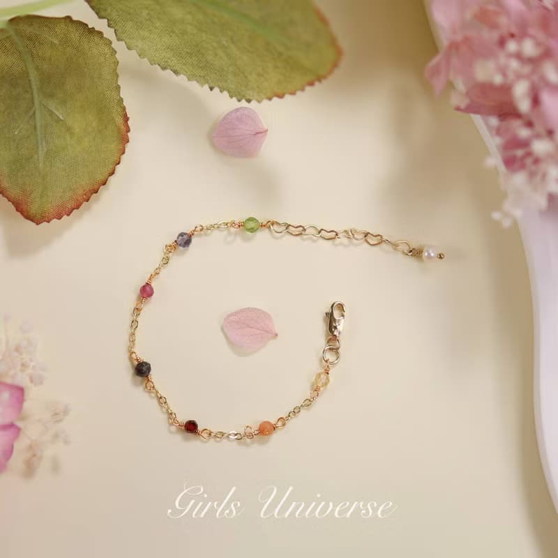 Fireworks。黑髮晶 堇青石 粉碧璽 14K包金 水晶礦石設計手鍊