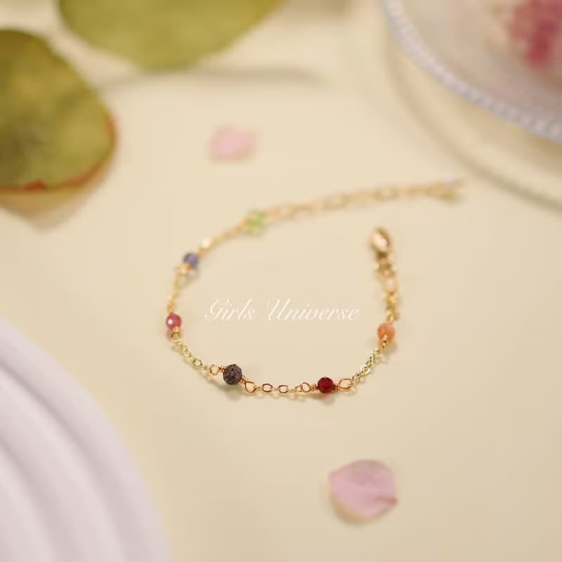 Fireworks。黑髮晶 堇青石 粉碧璽 14K包金 水晶礦石設計手鍊