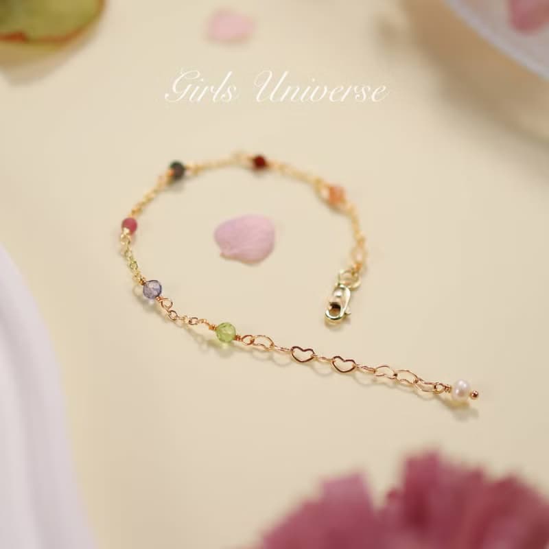 Fireworks。黑髮晶 堇青石 粉碧璽 14K包金 水晶礦石設計手鍊