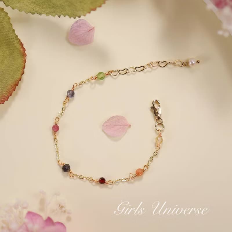 Fireworks。黑髮晶 堇青石 粉碧璽 14K包金 水晶礦石設計手鍊