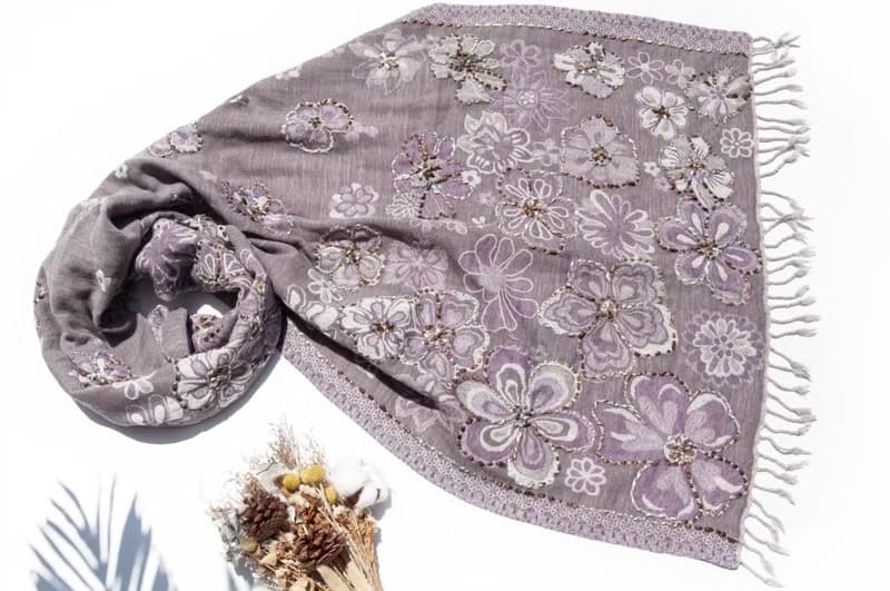 喀什米爾Cashmere/水煮羊毛披肩/針織圍巾/刺繡圍巾/羊絨披巾-花