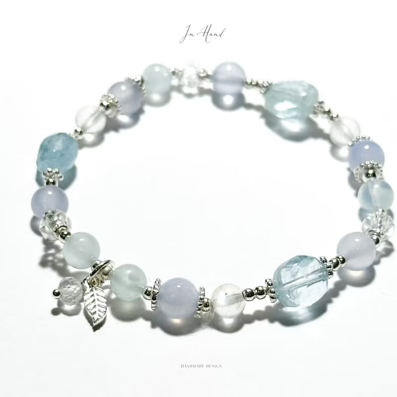 漫步雲端-原礦海水藍寶.藍紋瑪瑙.月光石.-純銀設計手鍊