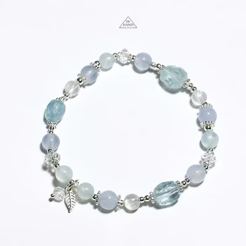 漫步雲端-原礦海水藍寶.藍紋瑪瑙.月光石.-純銀設計手鍊