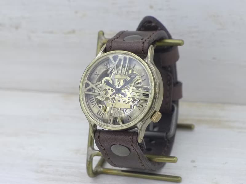 手作り腕時計 BHW121 手巻きBrass(真鍮)36mm ローマ数字フローティング ミシンステッチベルト