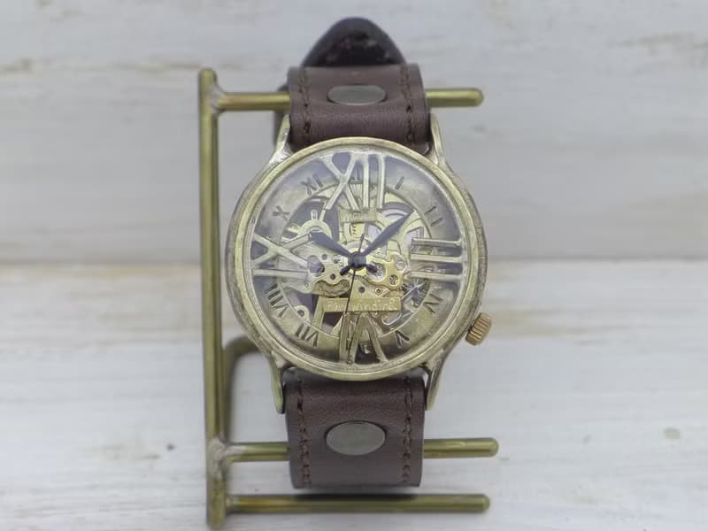 手作り腕時計 BHW121 手巻きBrass(真鍮)36mm ローマ数字フローティング ミシンステッチベルト