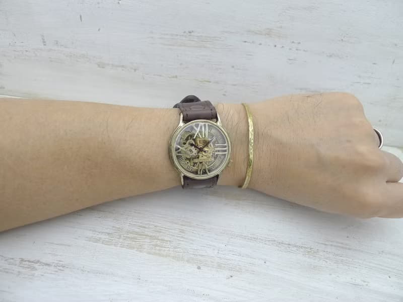 手作り腕時計 BHW121 手巻きBrass(真鍮)36mm ローマ数字フローティング ミシンステッチベルト