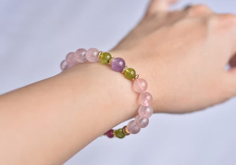 粉晶+橄欖石+丹泉石+桃紅碧璽+薰衣草紫水晶鍍金手鍊