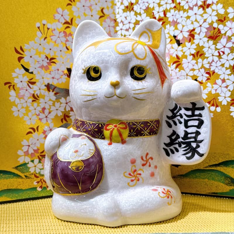 【桃色結緣】日本清水燒招財貓 | 達摩花結晶 - 桃 結緣
