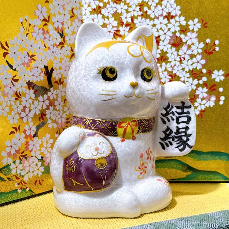 【桃色結緣】日本清水燒招財貓 | 達摩花結晶 - 桃 結緣