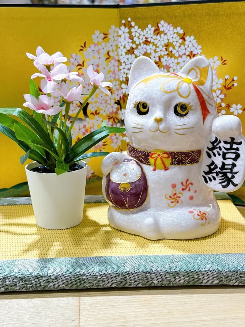 【桃色結緣】日本清水燒招財貓 | 達摩花結晶 - 桃 結緣