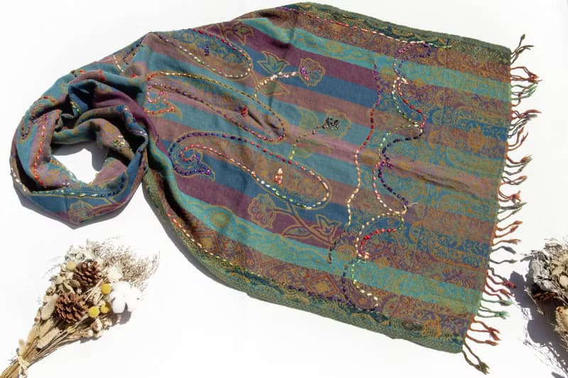 喀什米爾Cashmere/水煮羊毛披肩/針織圍巾/刺繡圍巾/羊絨披巾-花