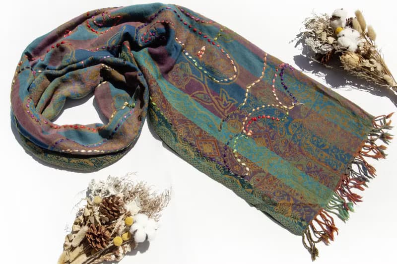 喀什米爾Cashmere/水煮羊毛披肩/針織圍巾/刺繡圍巾/羊絨披巾-花