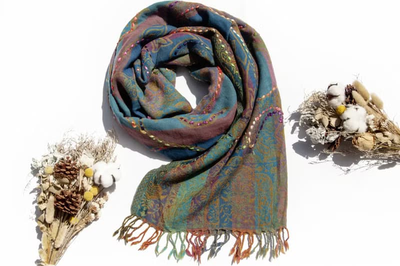 喀什米爾Cashmere/水煮羊毛披肩/針織圍巾/刺繡圍巾/羊絨披巾-花