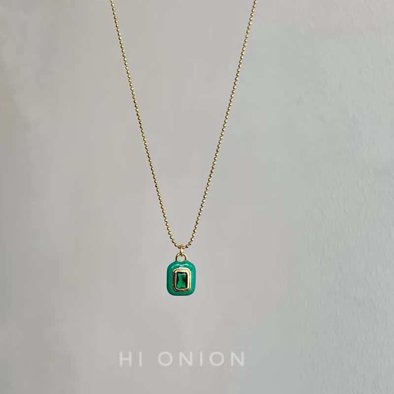 Hi Onion原創小眾設計復古祖母綠方形吊墜項鏈男女鎖骨鏈春夏時尚