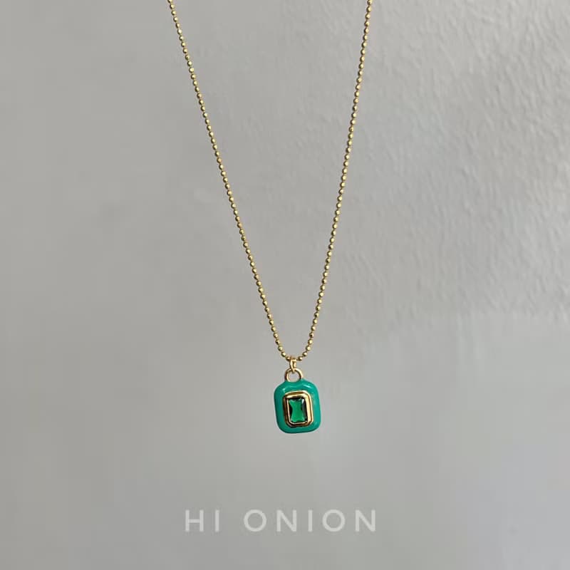 Hi Onion原創小眾設計復古祖母綠方形吊墜項鏈男女鎖骨鏈春夏時尚