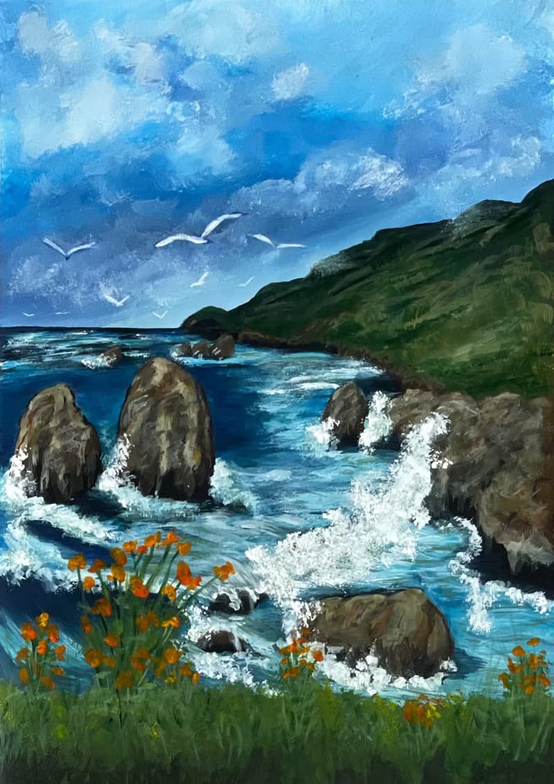 Seascape. Rocky coast. Gouache.