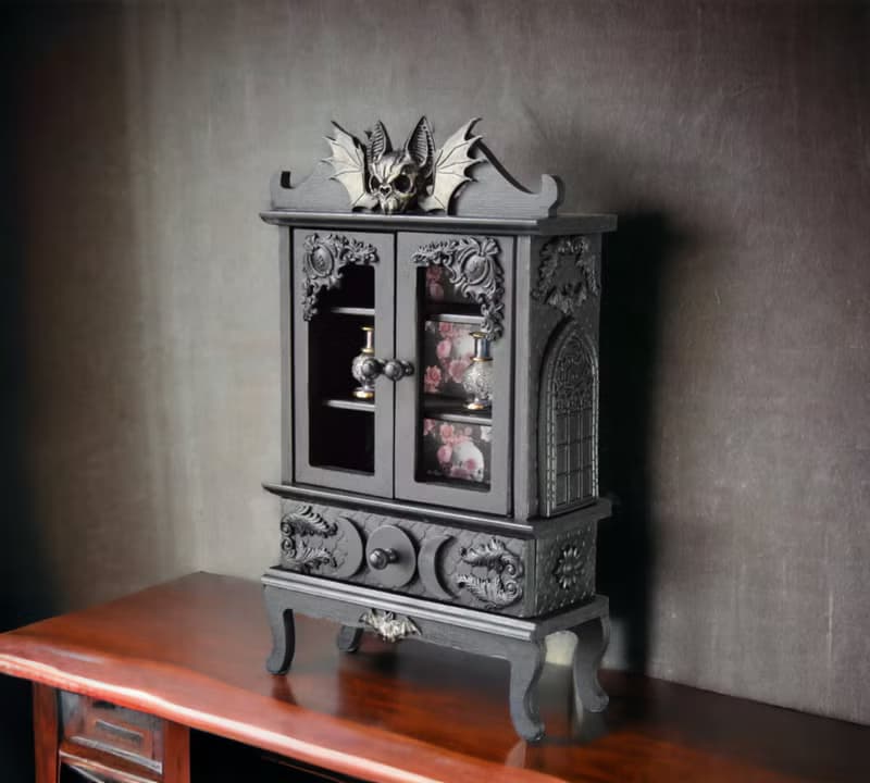 Gothic Black furniture The Occultist's Cabinet bat skull Apothecary Skeleton Box
