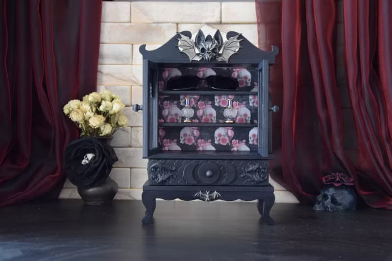 Gothic Black furniture The Occultist's Cabinet bat skull Apothecary Skeleton Box