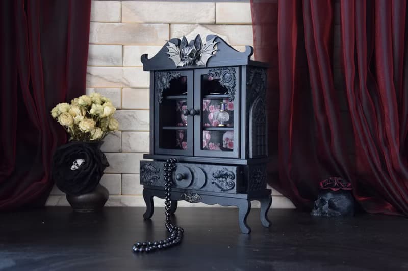 Gothic Black furniture The Occultist's Cabinet bat skull Apothecary Skeleton Box