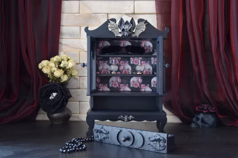 Gothic Black furniture The Occultist's Cabinet bat skull Apothecary Skeleton Box