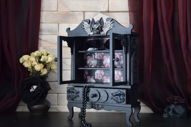 Gothic Black furniture The Occultist's Cabinet bat skull Apothecary Skeleton Box