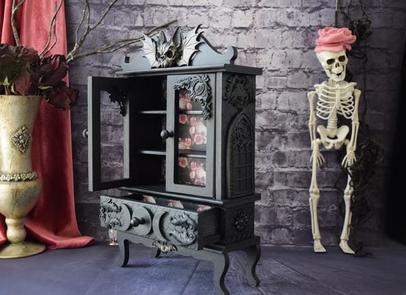 Gothic Black furniture The Occultist's Cabinet bat skull Apothecary Skeleton Box