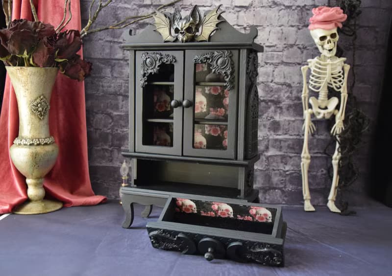 Gothic Black furniture The Occultist's Cabinet bat skull Apothecary Skeleton Box