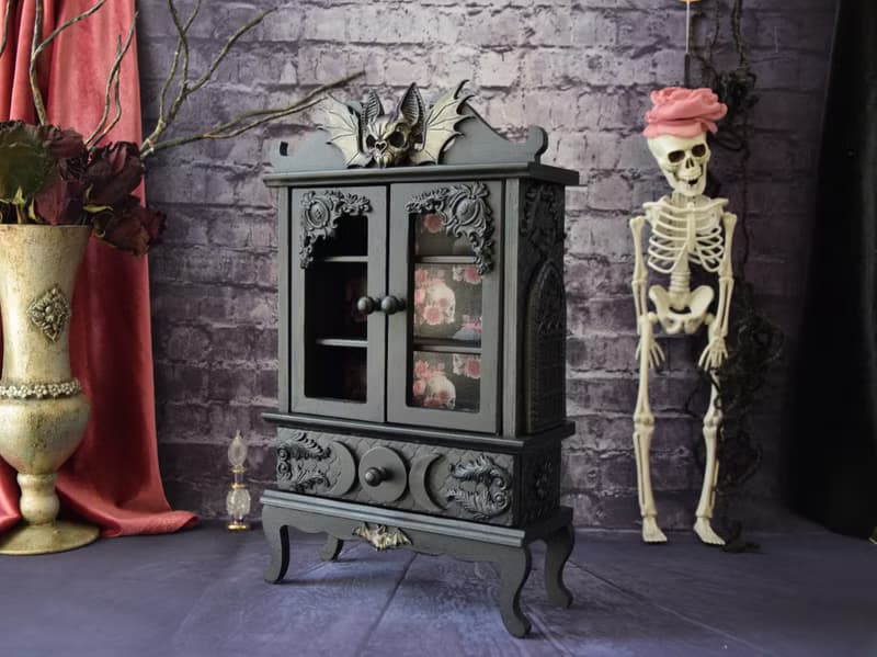 Gothic Black furniture The Occultist's Cabinet bat skull Apothecary Skeleton Box