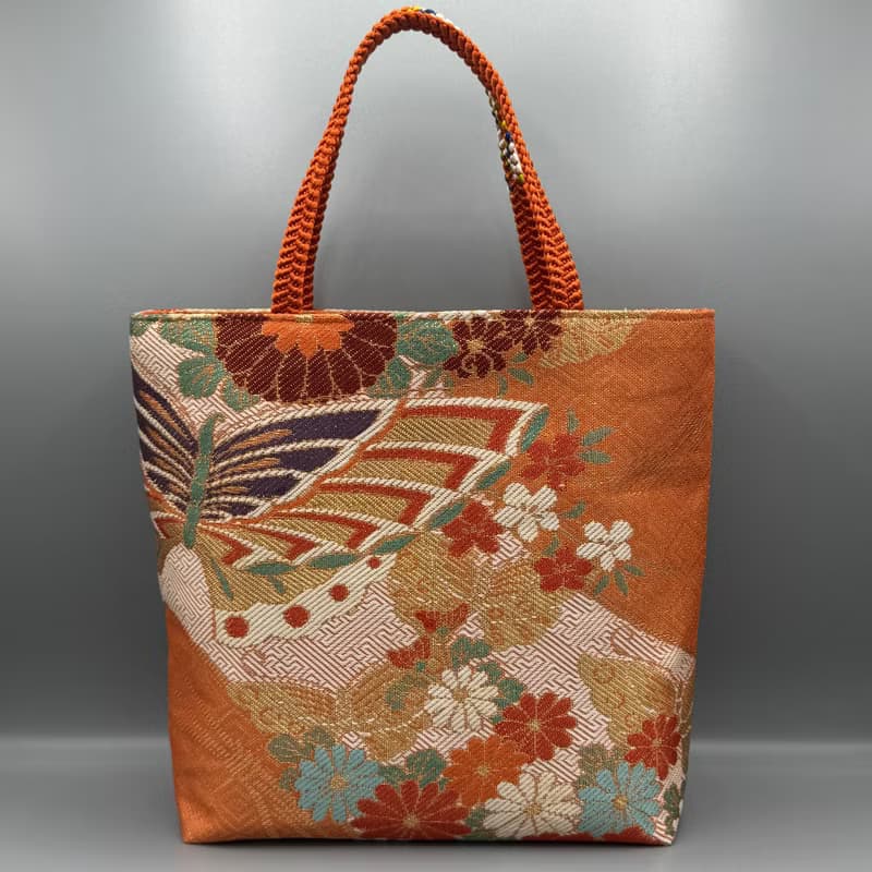 着物 帯 帯締め ハンドメイド トートバッグ リメイク オレンジ 蝶
