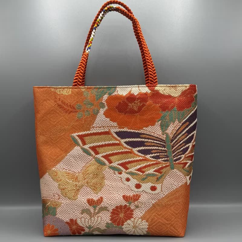 着物 帯 帯締め ハンドメイド トートバッグ リメイク オレンジ 蝶