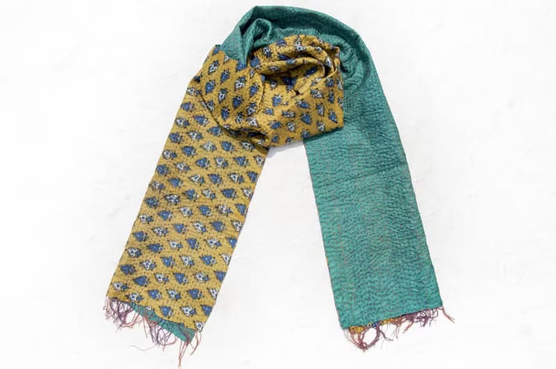 刺繡絲巾/絲綢刺繡圍巾/手縫紗麗線絲巾/印度絲綢刺繡圍巾-撞色風