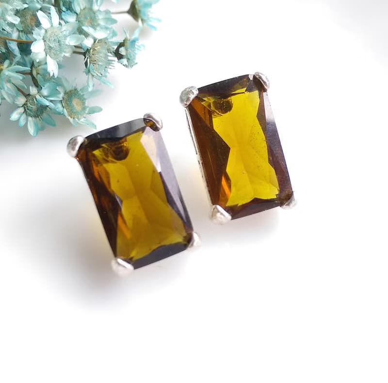 Vintage Jewelry 西洋古董飾品 AVON 琥珀色調 簡約方鑽 針式耳環