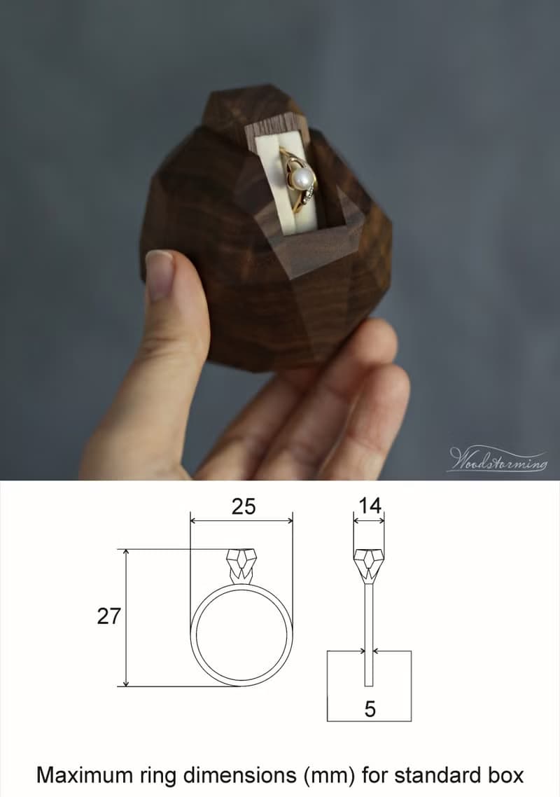 Wooden faceted sculptural ring display with white pillow by Woodstorming