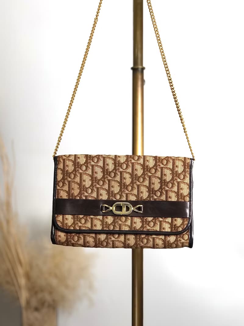 【 日本直送　名牌中古包 】Christian Dior トロッター ショルダーバッグ ブラウン CD ジャガード チェーン vintage mdfdd4
