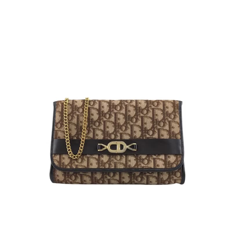 【 日本直送　名牌中古包 】Christian Dior トロッター ショルダーバッグ ブラウン CD ジャガード チェーン vintage mdfdd4